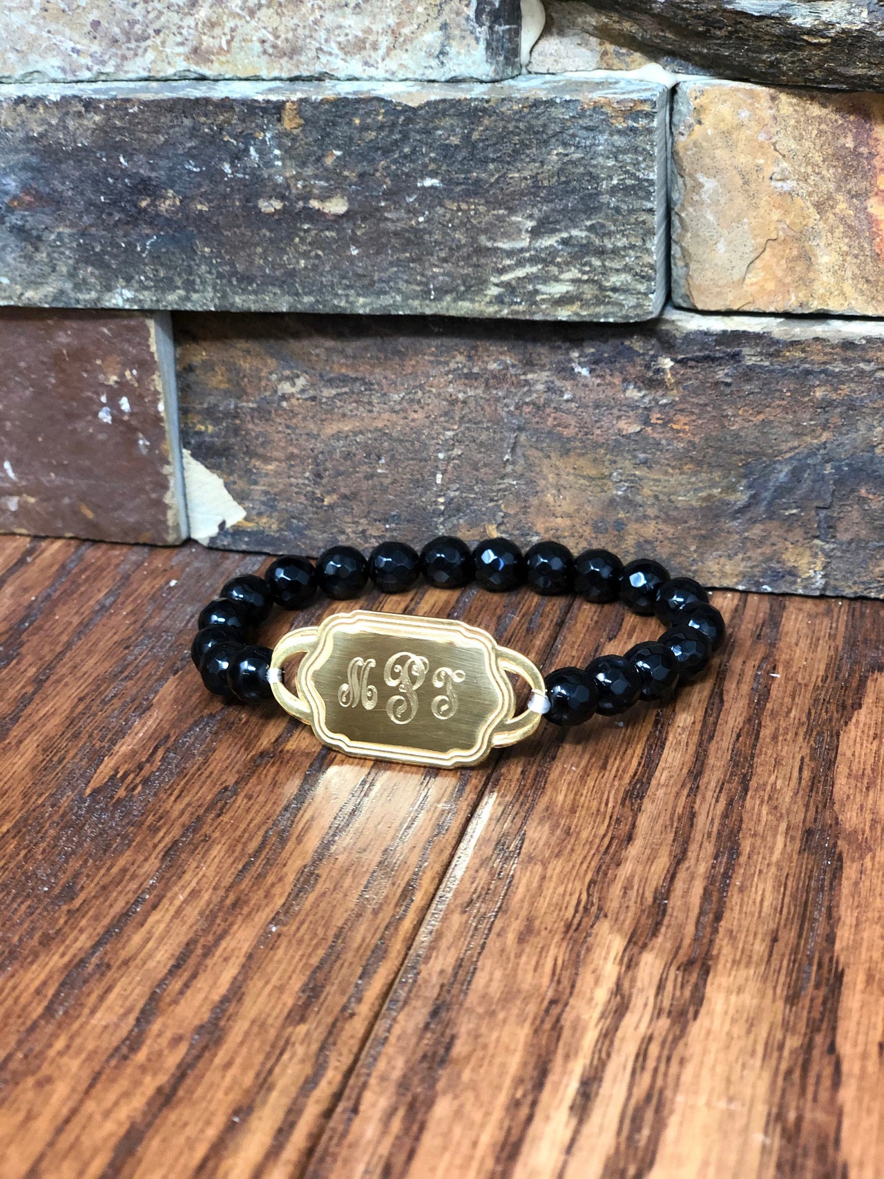 Onyx Monogrammed Bead Bracelet, Gold or Silver Engraved Monogram Initial, Bridesmaids, Bridal Shower, Jewelry for Women, Gifts for Girls