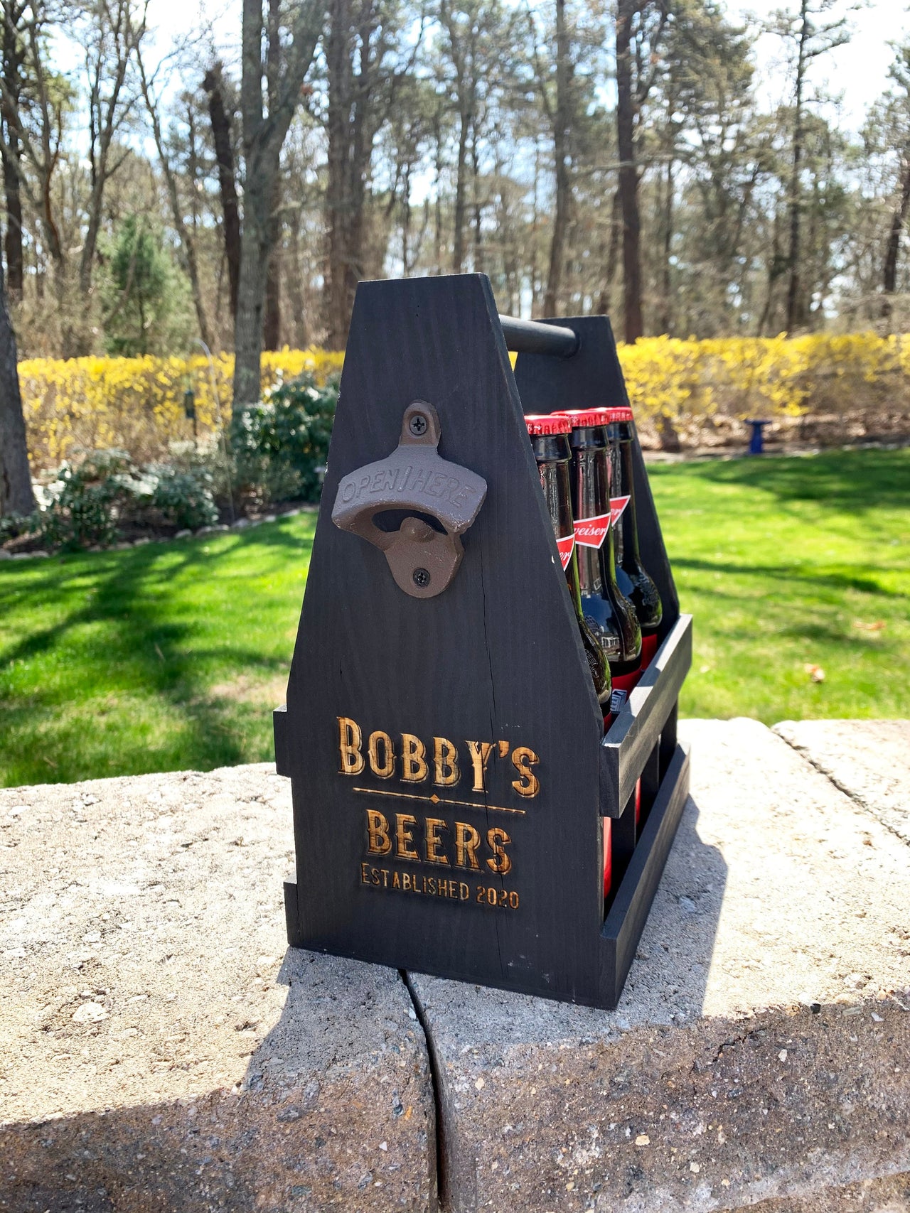 Personalized Wood Beer Caddy, Engraved Six Pack Tote, Monogrammed Gifts for Him or Her, Custom Groomsmen Bottle Opener, Unique Groomsman