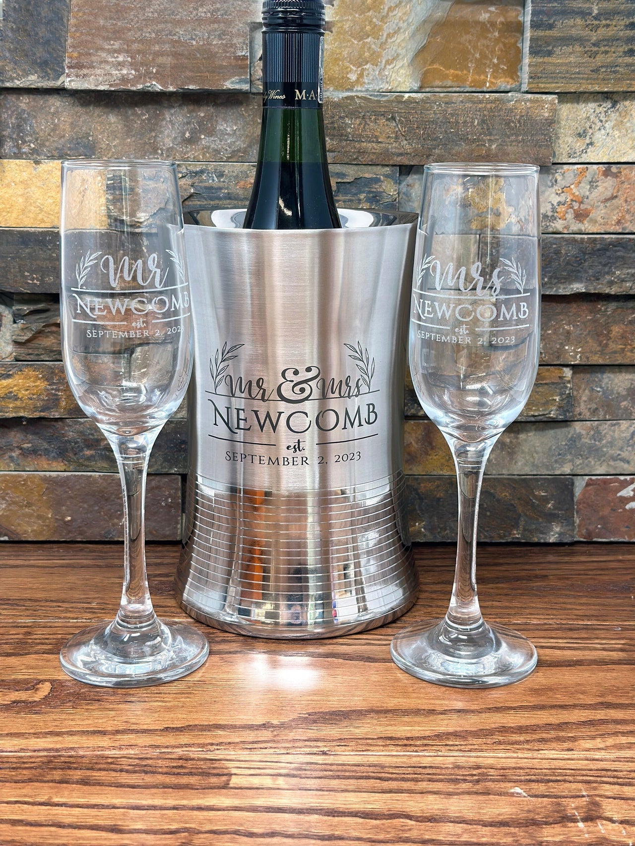 Personalized Stainless Steel Wine Chiller w Matching Champagne Flutes, Kitchen, Housewarming Gift, Wedding, Anniversary, Monogrammed Bucket