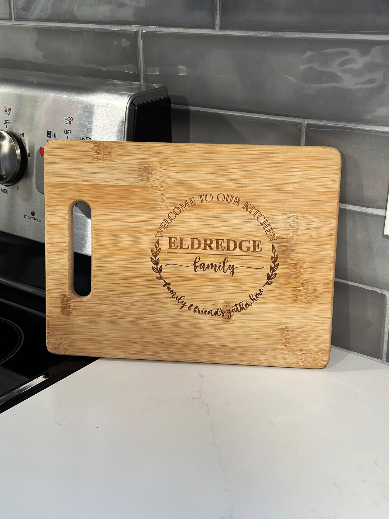 Personalized Bamboo Cutting Board w handle, Housewarming Gift, Kitchen decor, Anniversary, Christmas, Mothers Day, Corporate, Realtor