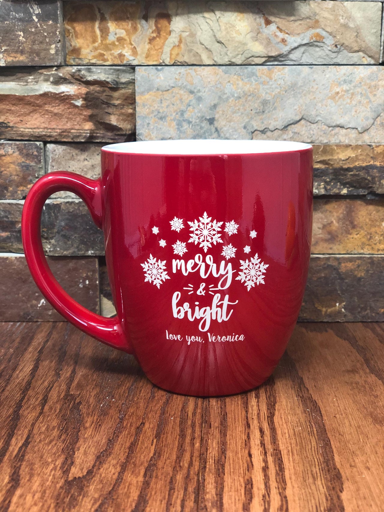 Personalized Christmas Coffee Mug, Bistro Cup, Engraved Office Employee Gift, Mothers Fathers, Friendship, Thank You, Grandmother, Snowflake