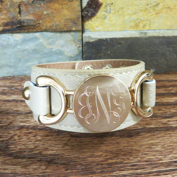 Gold Leather Monogram Bracelet Beige Interlocking