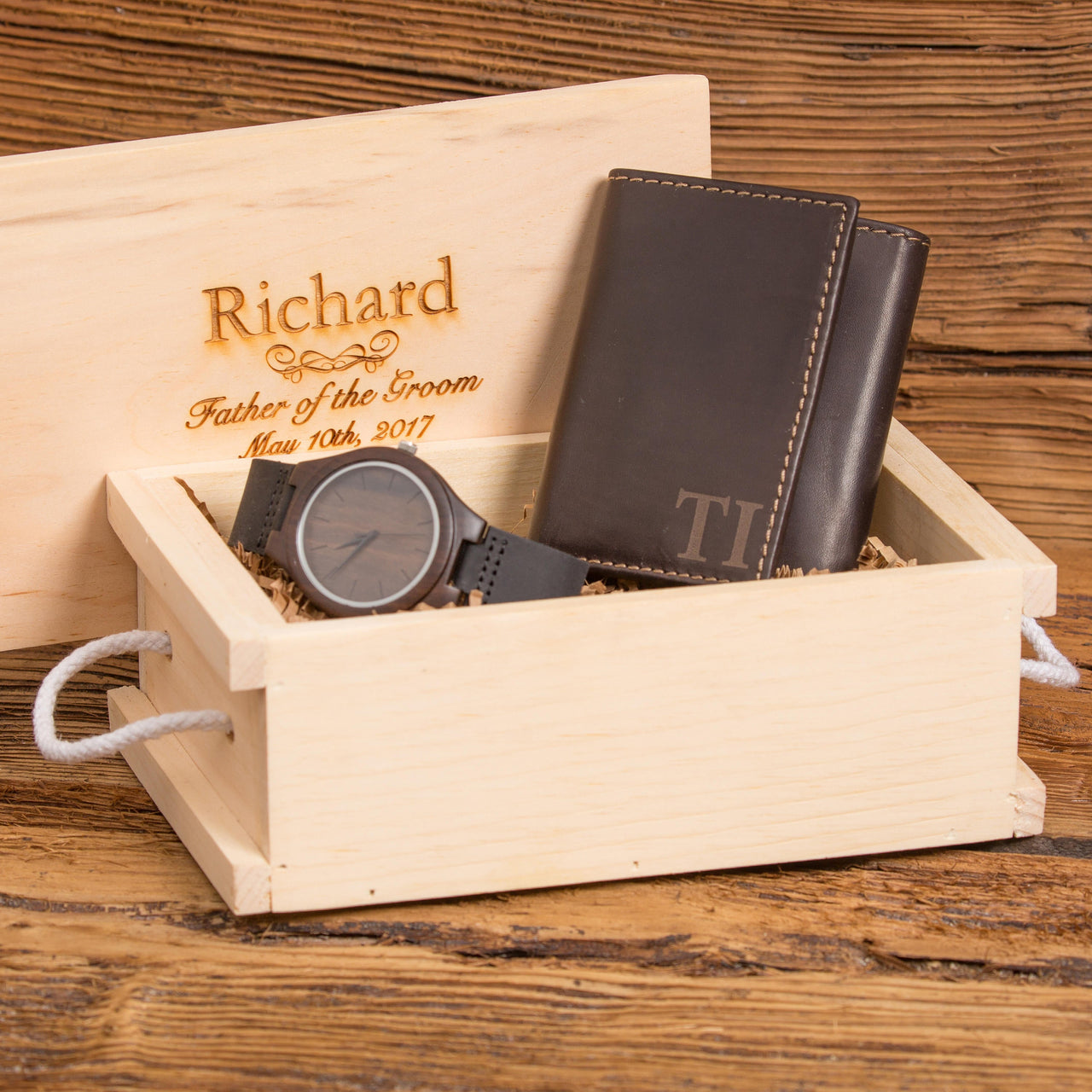 Personalized Tri-Fold Wallet and Wood Watch Set
