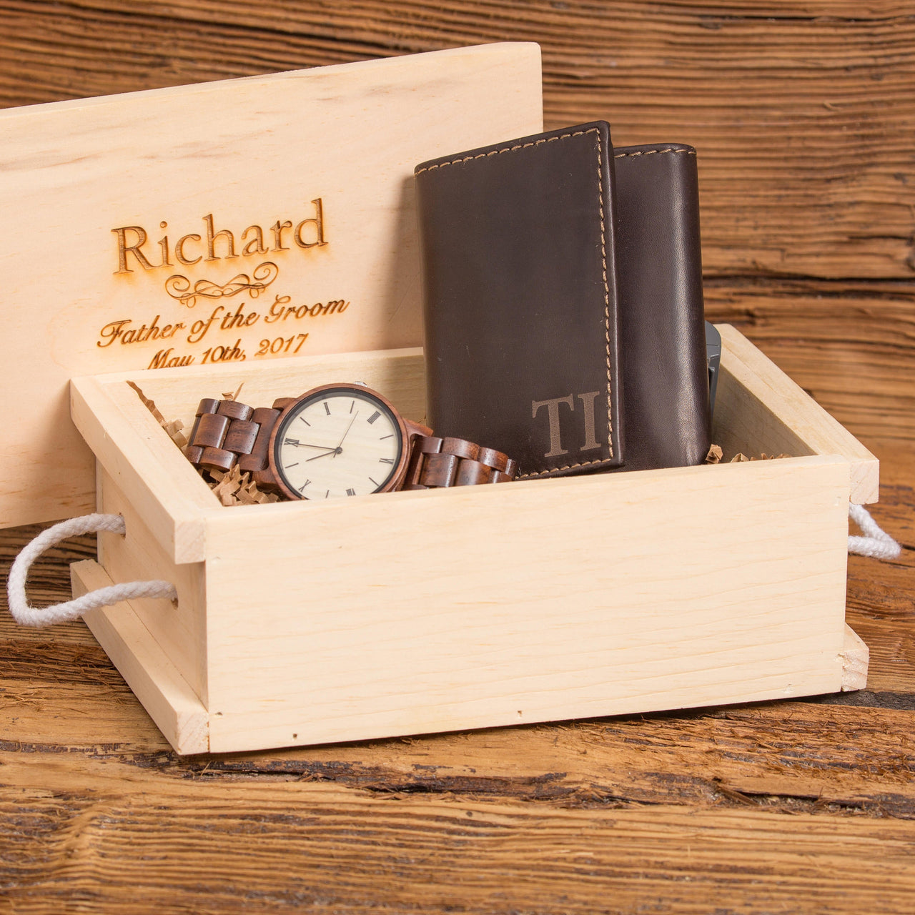 Monogrammed Wallet and Wood Watch Set