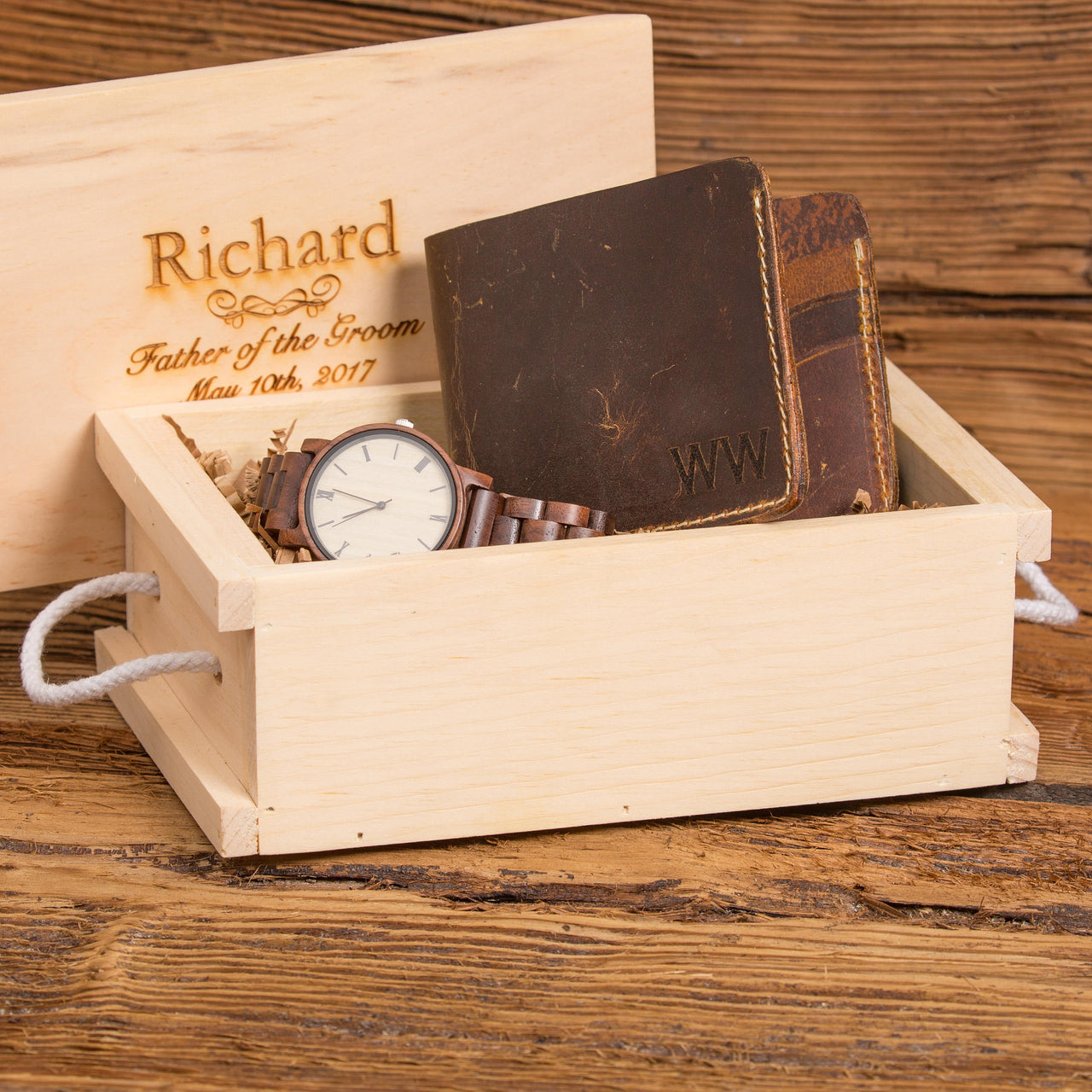 Mens Personalized Wallet and Wood Watch Gift Set