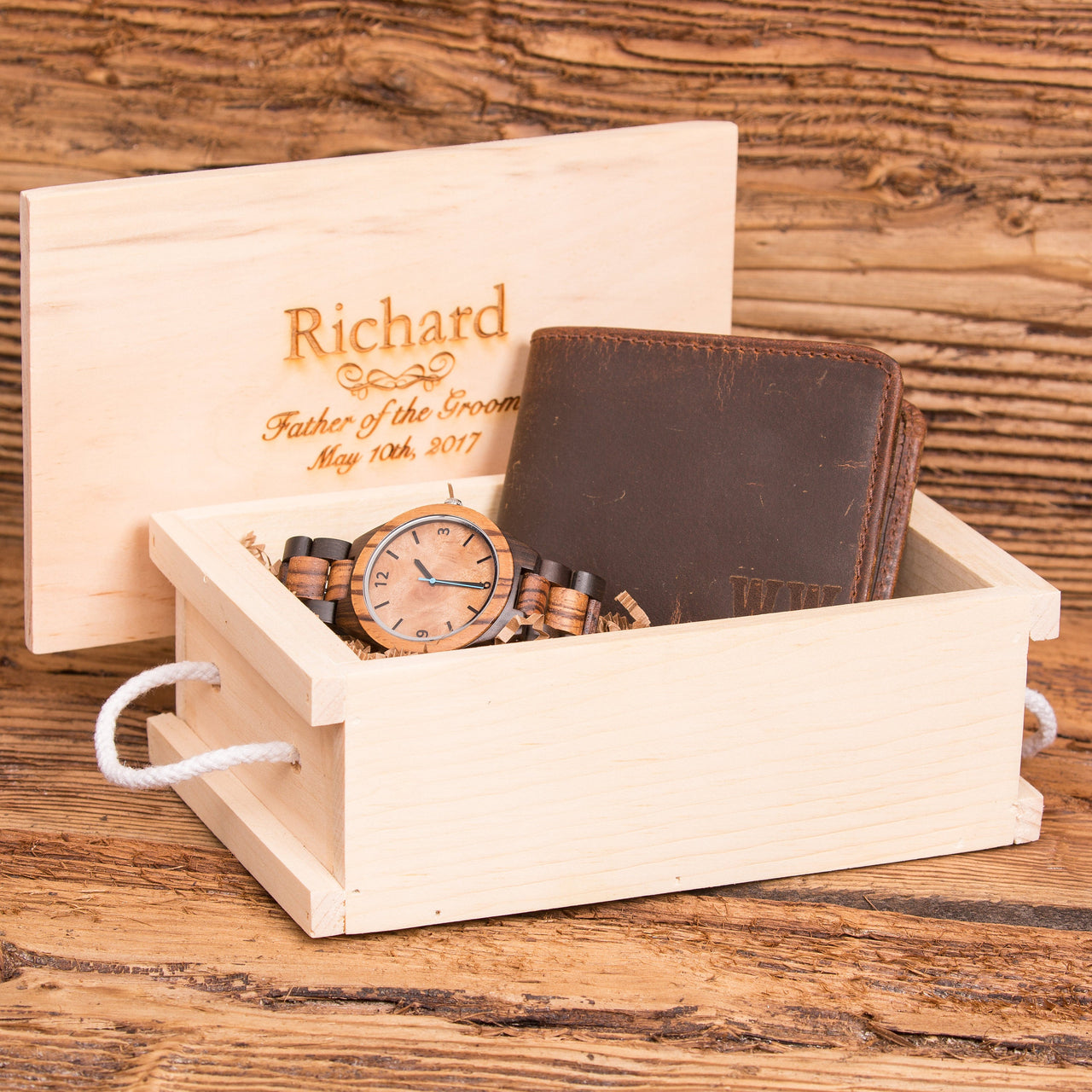 Personalized Wood Watch with Monogrammed Wallet Anniversary Set