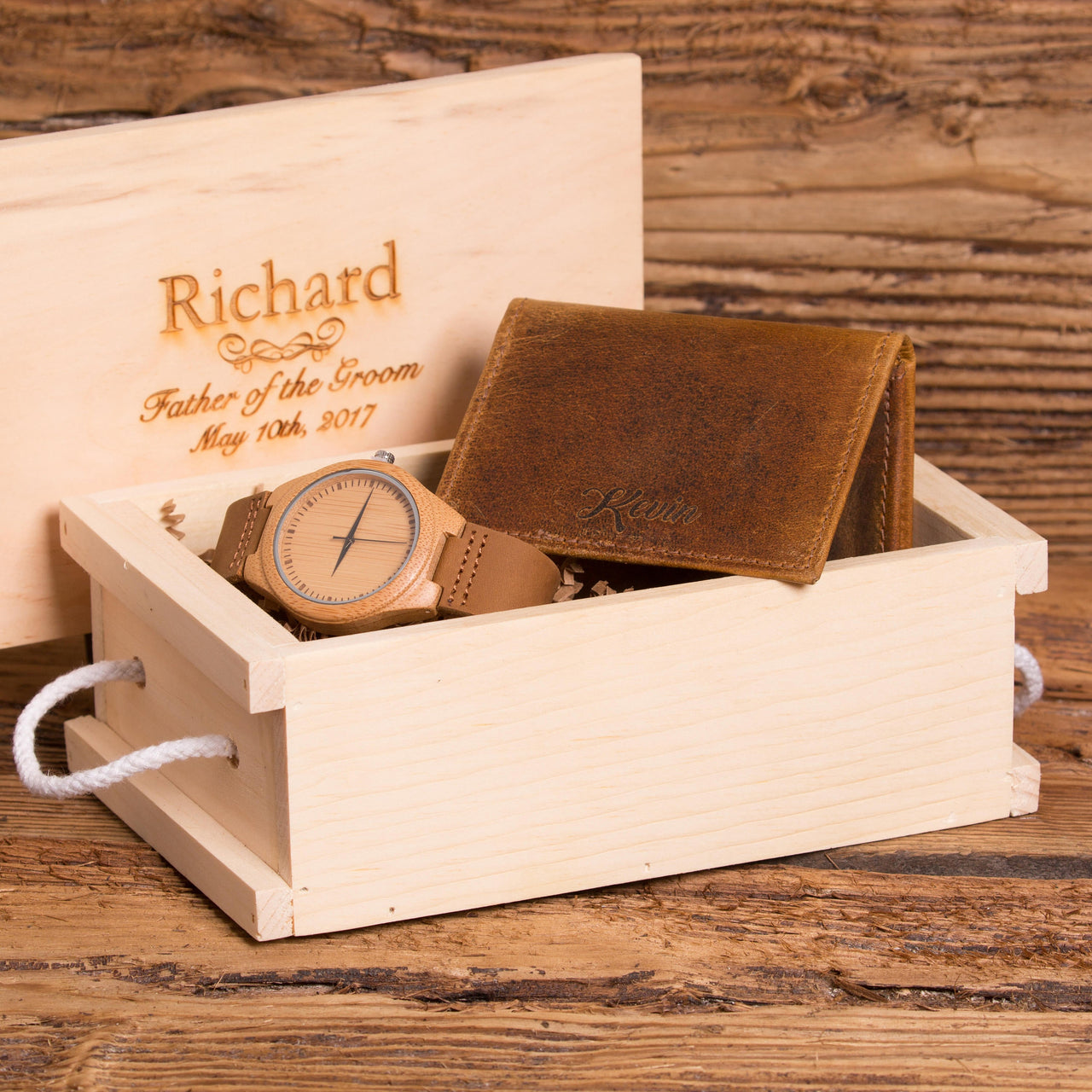 Monogrammed Wooden Watch and Leather Wallet Gift Set