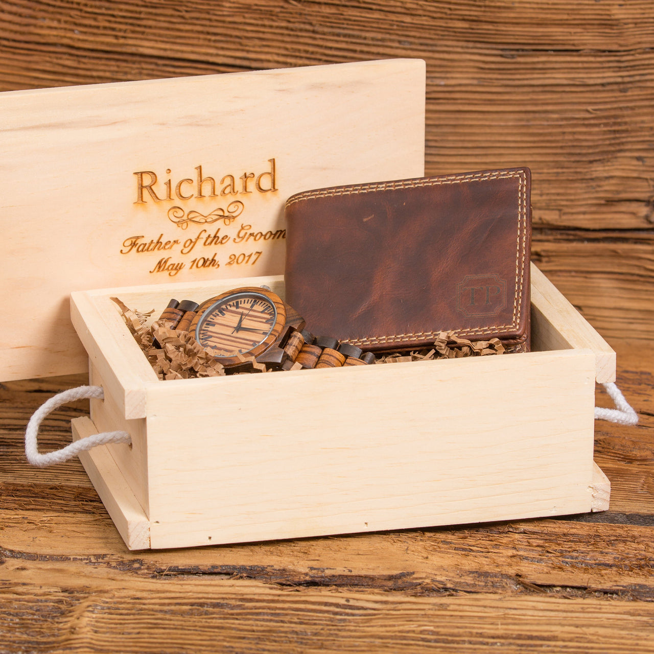 Personalized Wooden Mens Watch and Bi-fold Wallet