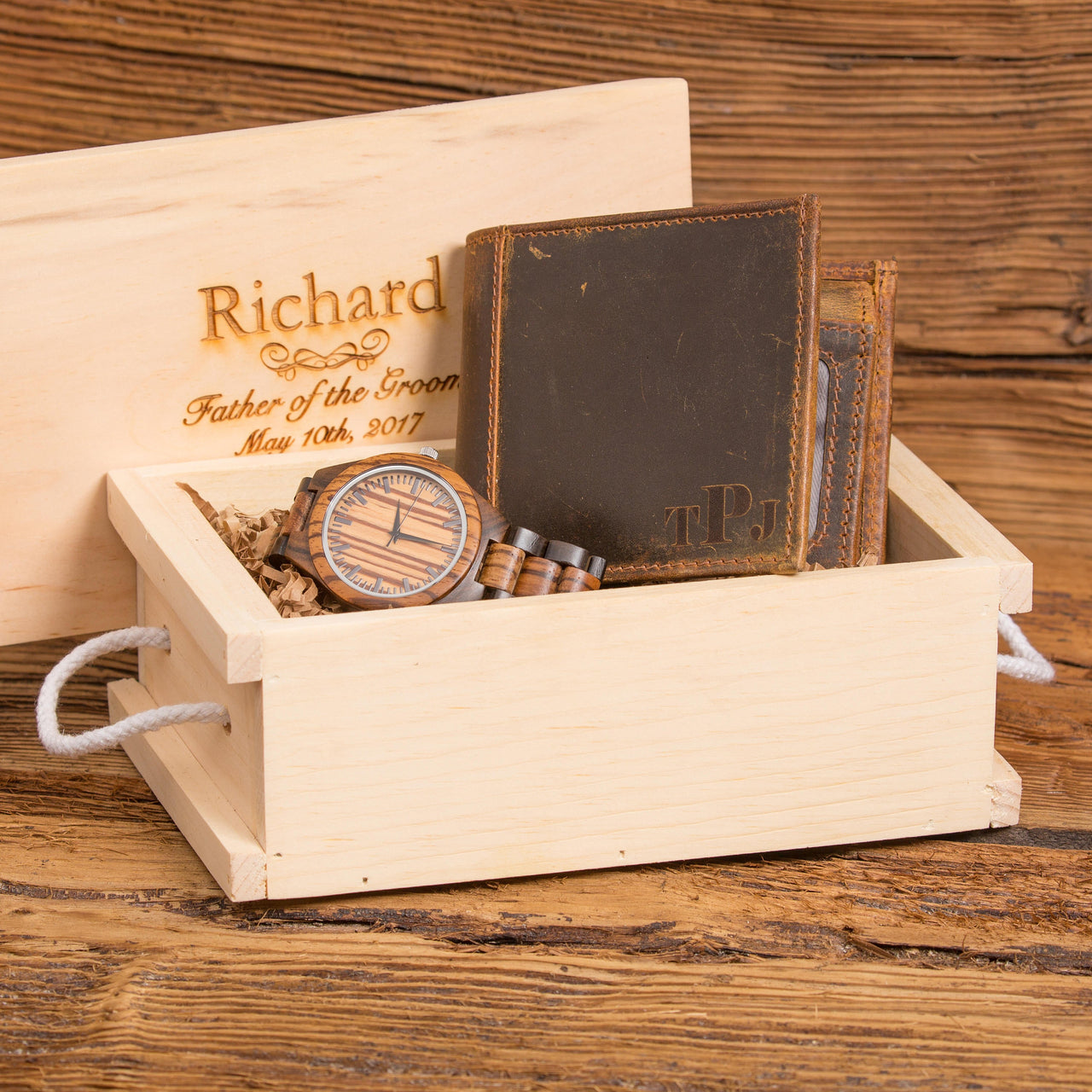 Personalized Wooden Watch and Monogram Leather Wallet