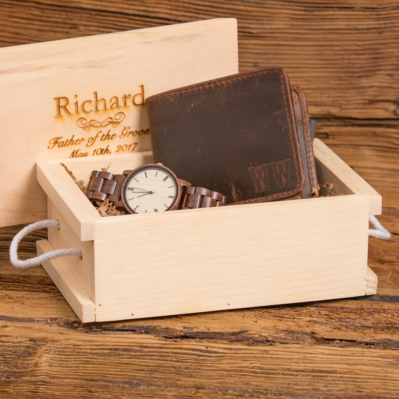 Monogram Wallet & Personalized Wood Watch Gift Set