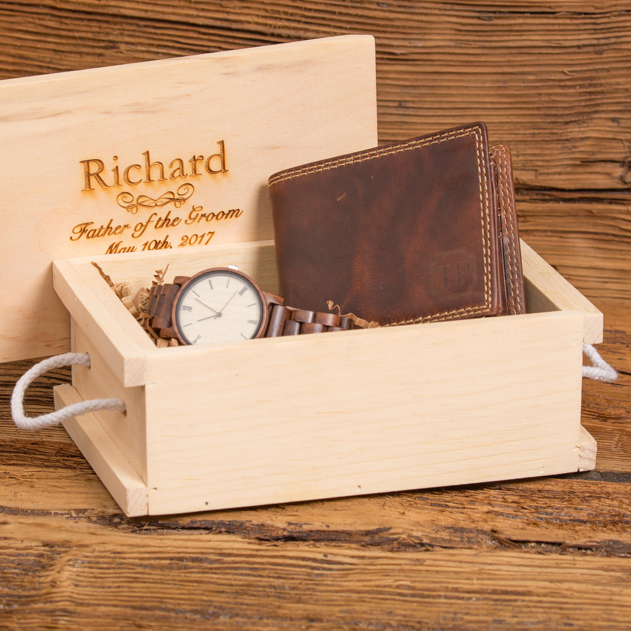 Monogrammed Wallet and Wood Watch Gift Set with Keepsake Crate