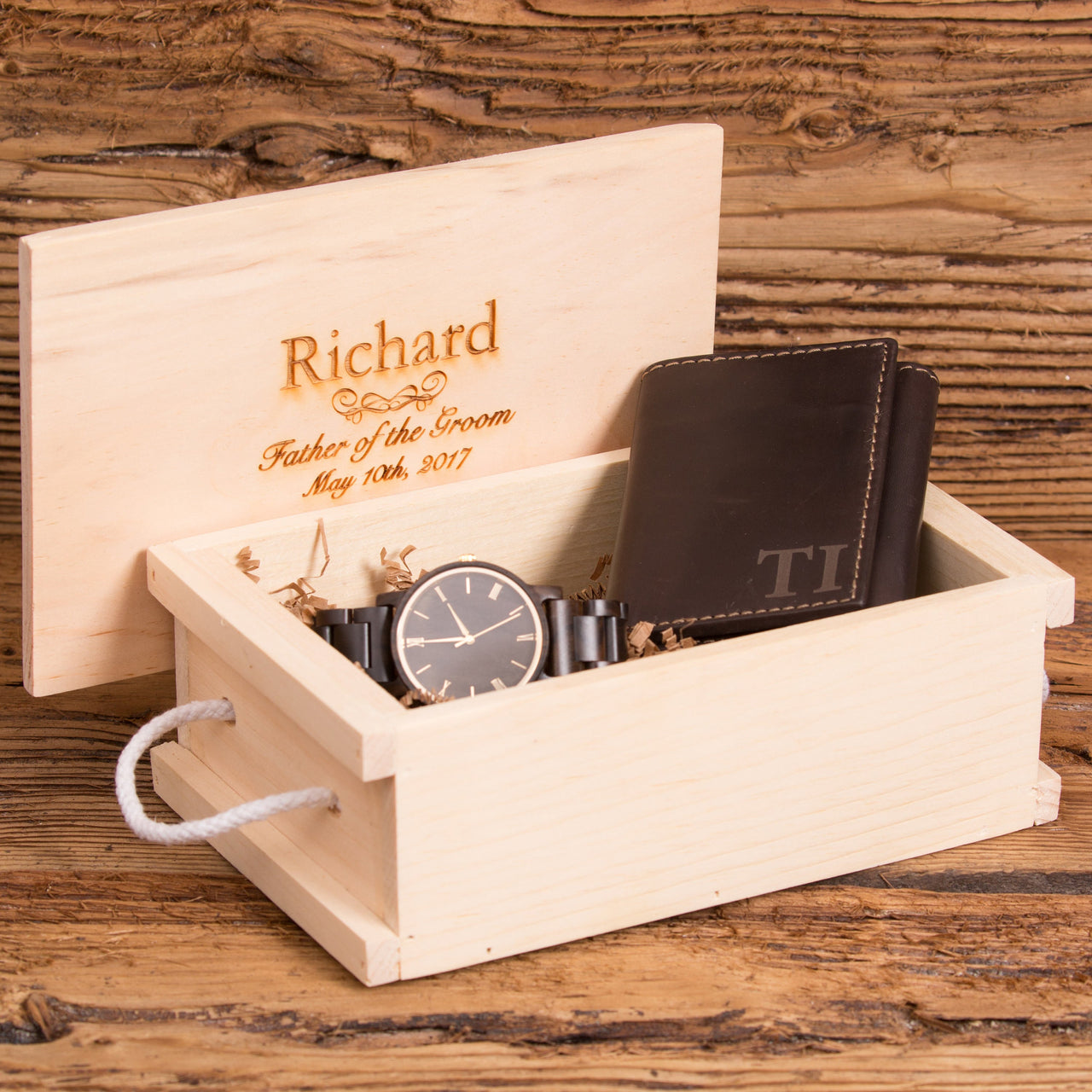 Personalized leather Wallet & Wood Watch Gift Set