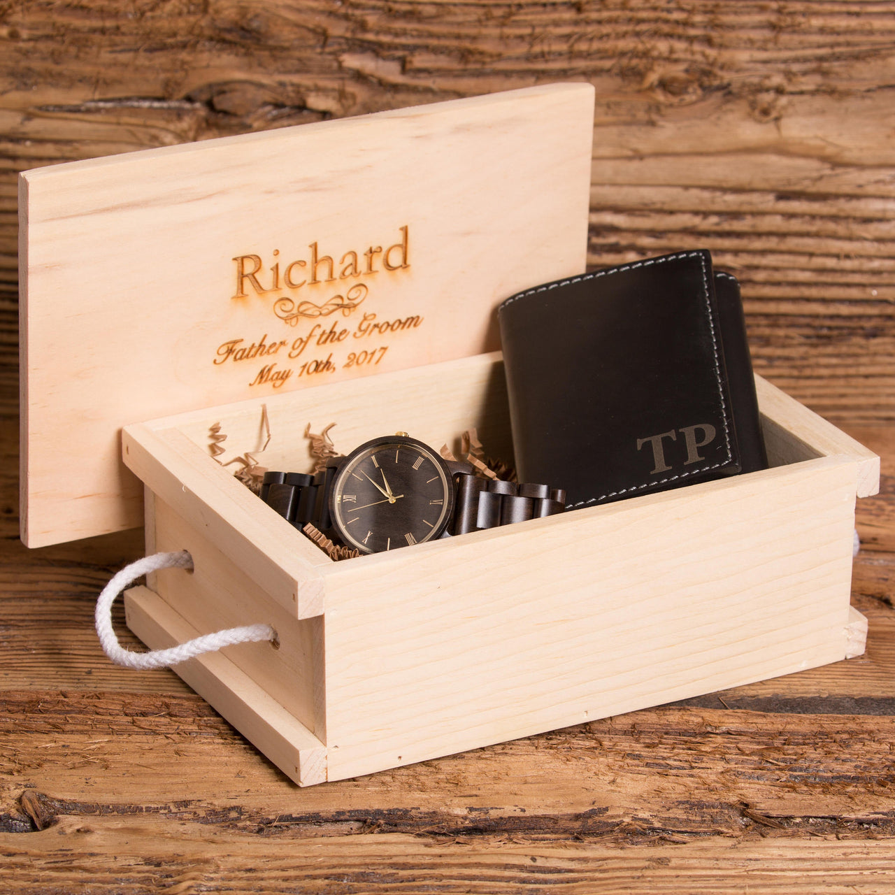 Personalized Tri Fold Black Wallet w/ Wooden Watch