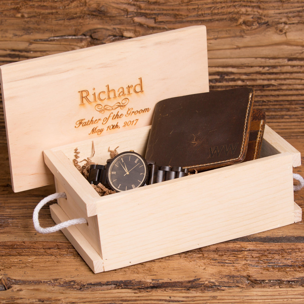 Personalized Bi-Fold Wallet and Masculine Wood Watch